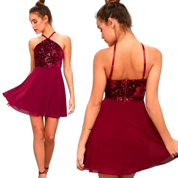 Lulus Dress Women Medium Burgundy‎ Time of Love Sequin Halter Skater Mini Prom - Picture 1 of 13